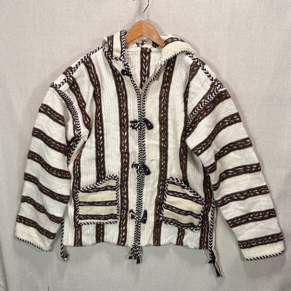 Vintage Peruvian 100% Wool Striped Hooded Jacket Toggle Closure‎ Boho M/L